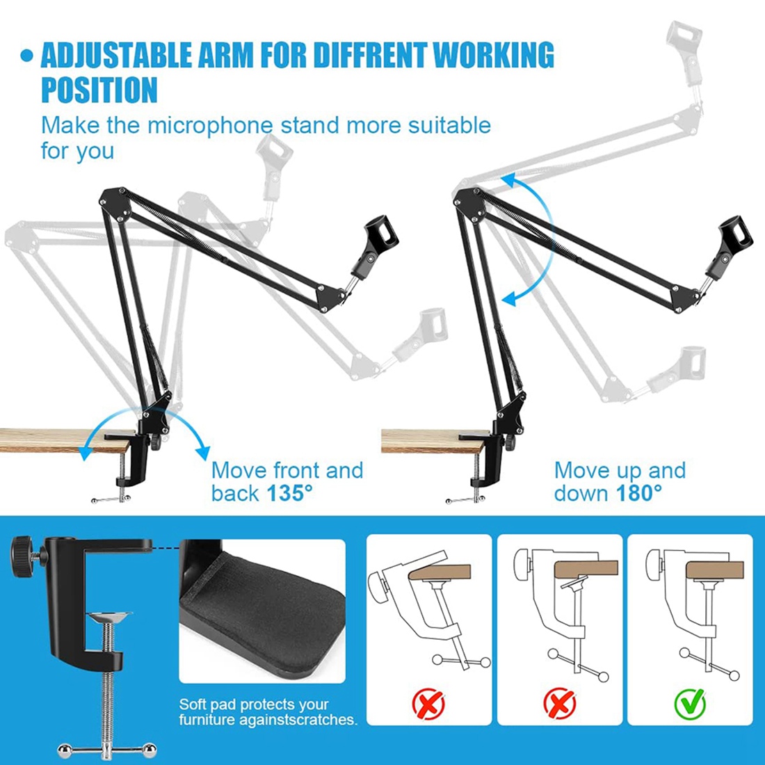 Boom Arm Stand - Stojak mikrofonowy NALFI, regulowany, biurkowy, wahaczowy,